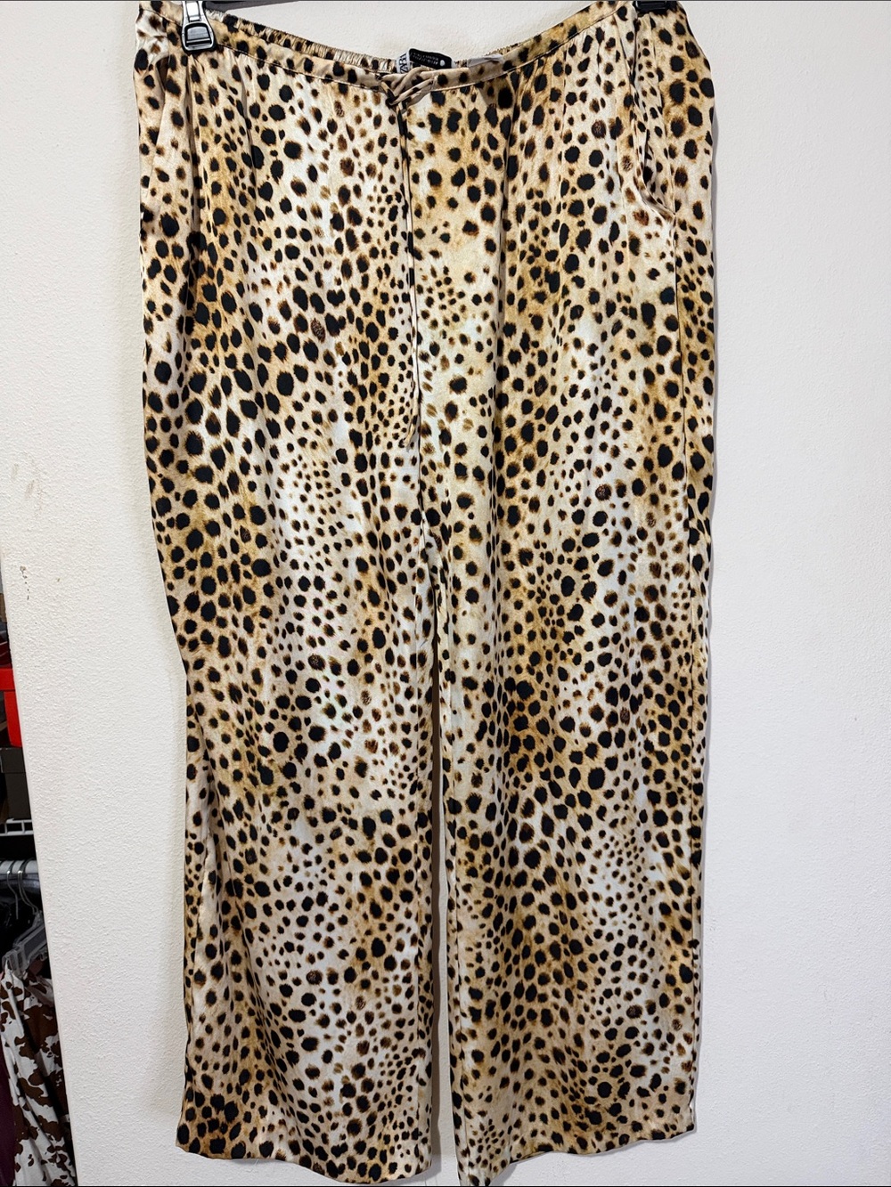 ZARA Silk Leopard Print Wide-Leg Pants - Tan/Black